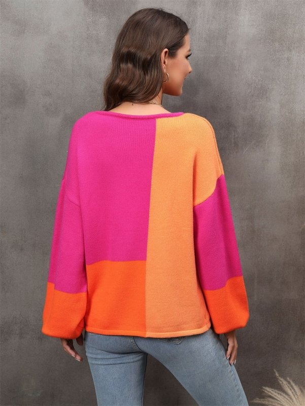 Angel Wings Color Block Round Neck Dropped Shoulder Sweater - ShalayeFashion