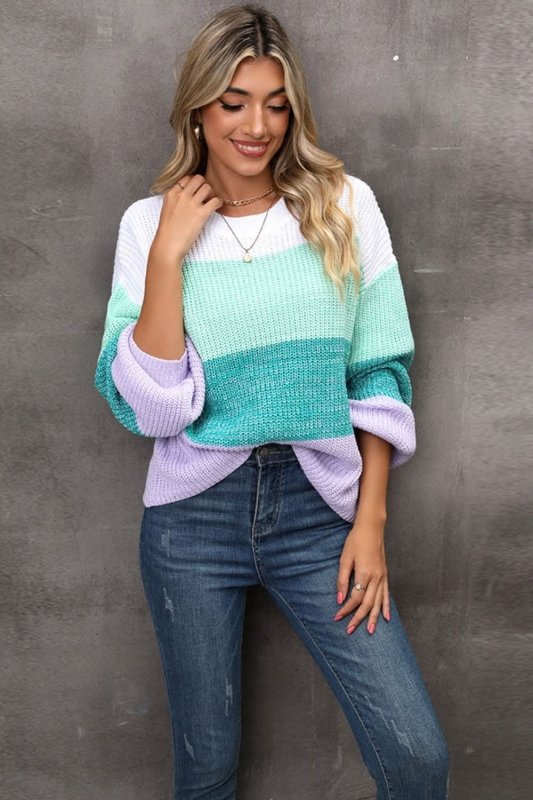 Angel Wings Color Block Round Neck Dropped Shoulder Sweater - ShalayeFashion