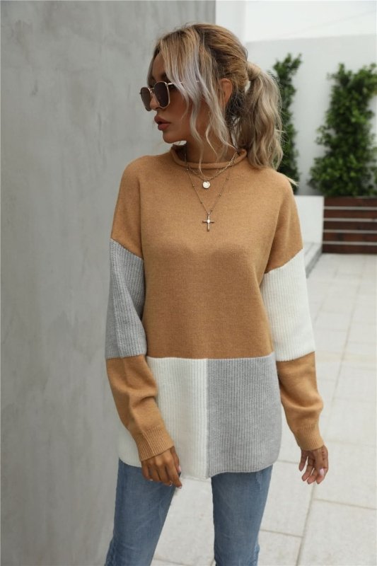 Angel Wings Color Block Round Neck Dropped Shoulder Sweater - ShalayeFashion