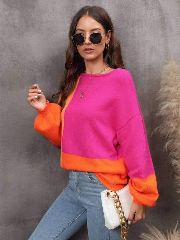 Angel Wings Color Block Round Neck Dropped Shoulder Sweater - ShalayeFashion