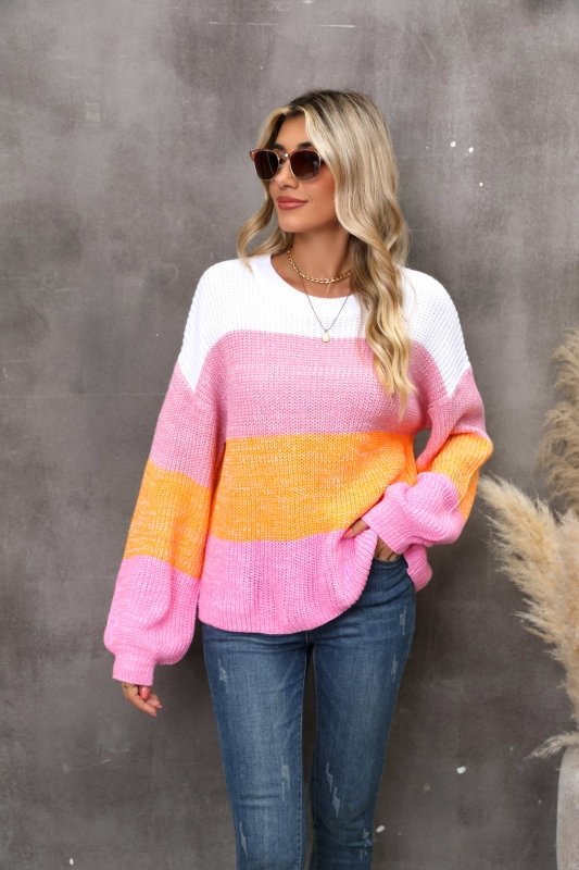 Angel Wings Color Block Round Neck Dropped Shoulder Sweater - ShalayeFashion