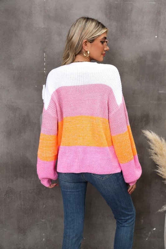 Angel Wings Color Block Round Neck Dropped Shoulder Sweater - ShalayeFashion