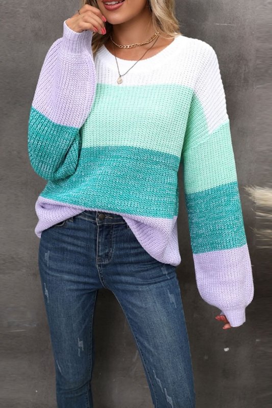 Angel Wings Color Block Round Neck Dropped Shoulder Sweater - ShalayeFashion