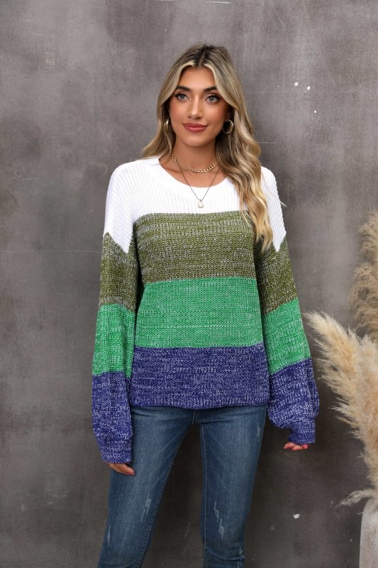 Angel Wings Color Block Round Neck Dropped Shoulder Sweater - ShalayeFashion