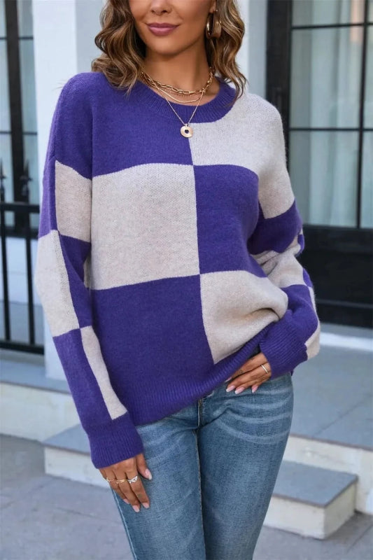 Angel Wings Color Block Round Neck Dropped Shoulder Sweater - ShalayeFashion