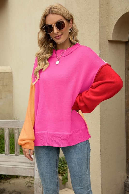 Angel Wings Color Block Round Neck Dropped Shoulder Sweater - ShalayeFashion