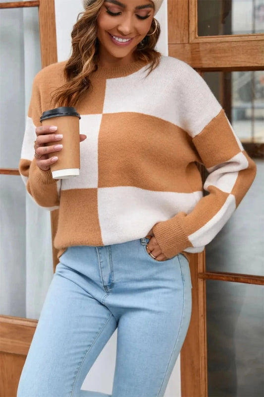 Angel Wings Color Block Round Neck Dropped Shoulder Sweater - ShalayeFashion