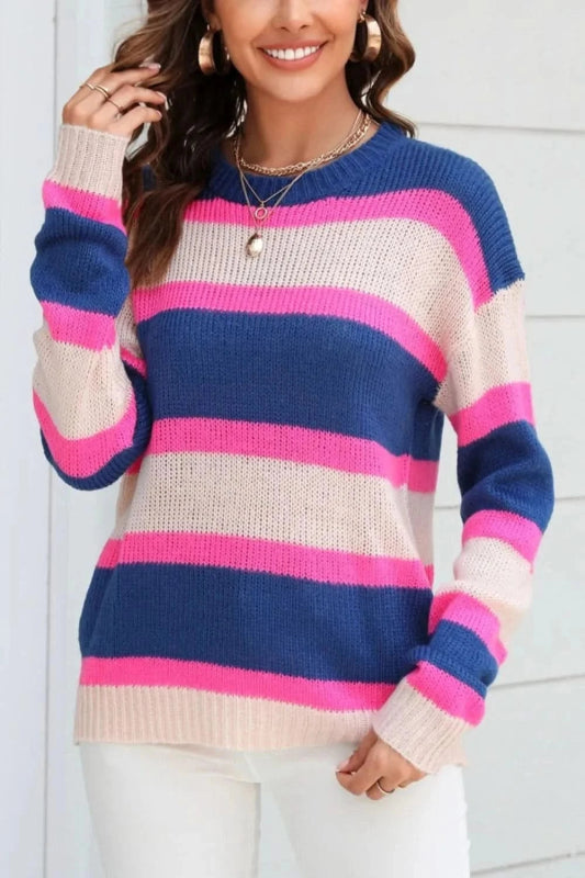 Angel Wings Color Block Round Neck Dropped Shoulder Sweater - ShalayeFashion