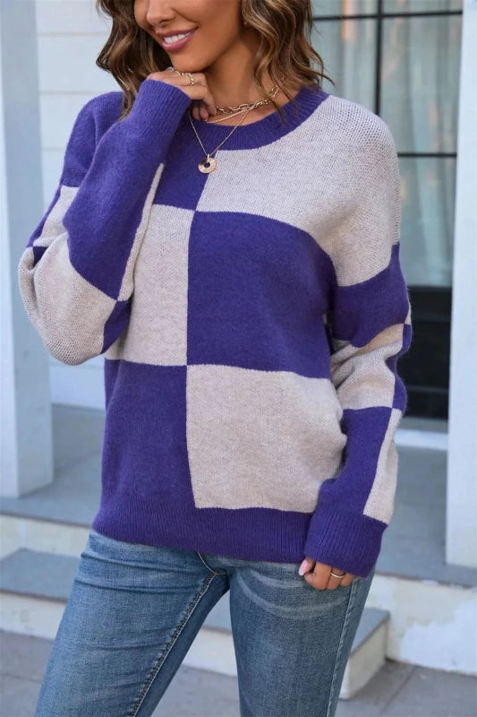 Angel Wings Color Block Round Neck Dropped Shoulder Sweater - ShalayeFashion