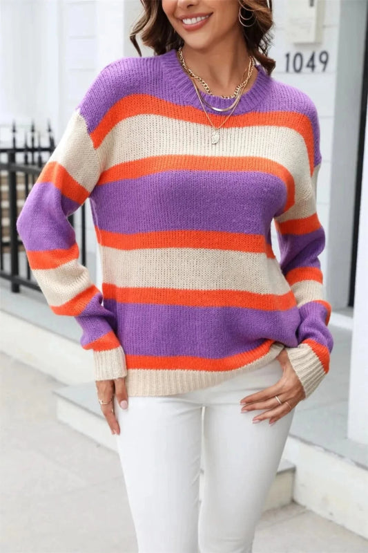 Angel Wings Color Block Round Neck Dropped Shoulder Sweater - ShalayeFashion