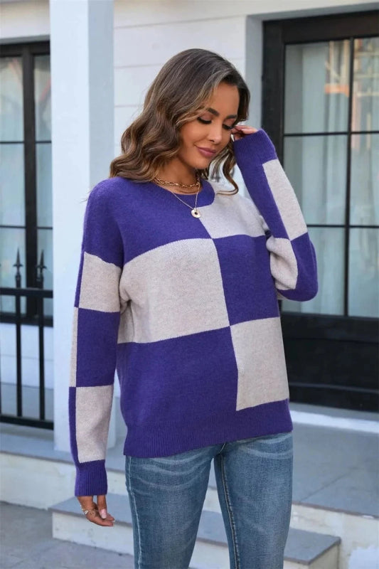 Angel Wings Color Block Round Neck Dropped Shoulder Sweater - ShalayeFashion