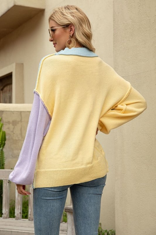 Angel Wings Color Block Round Neck Dropped Shoulder Sweater - ShalayeFashion