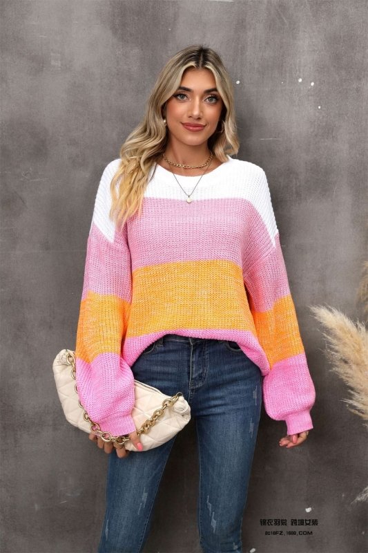 Angel Wings Color Block Round Neck Dropped Shoulder Sweater - ShalayeFashion