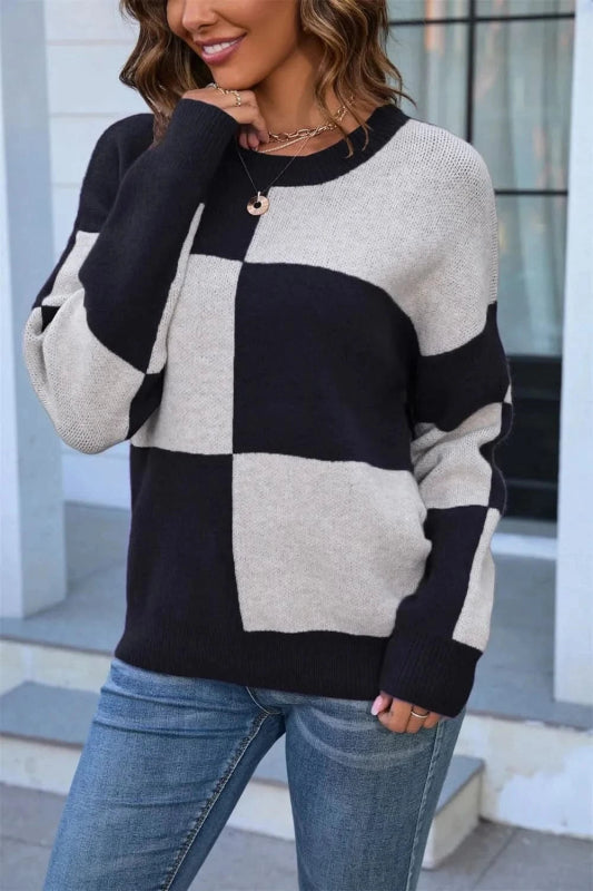 Angel Wings Color Block Round Neck Dropped Shoulder Sweater - ShalayeFashion