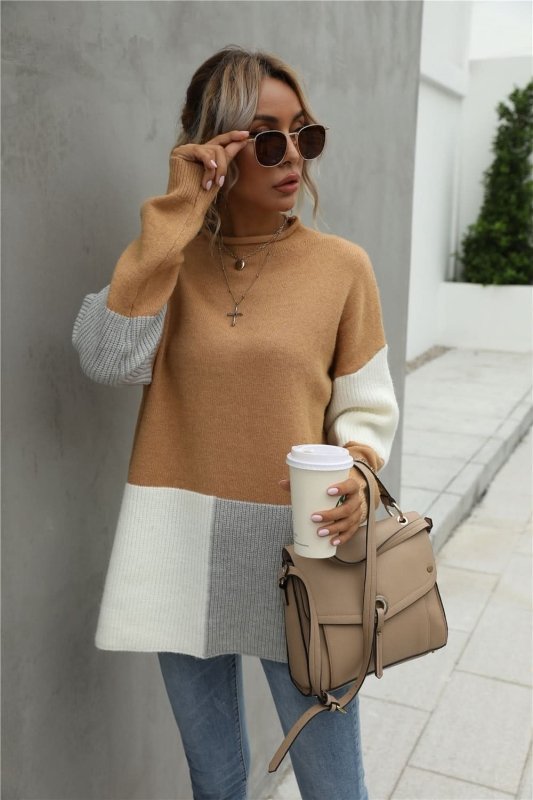 Angel Wings Color Block Round Neck Dropped Shoulder Sweater - ShalayeFashion