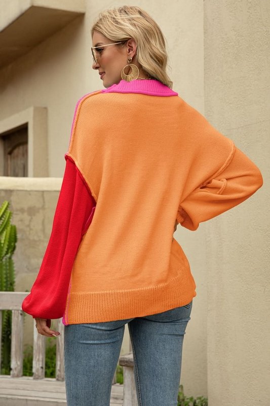Angel Wings Color Block Round Neck Dropped Shoulder Sweater - ShalayeFashion