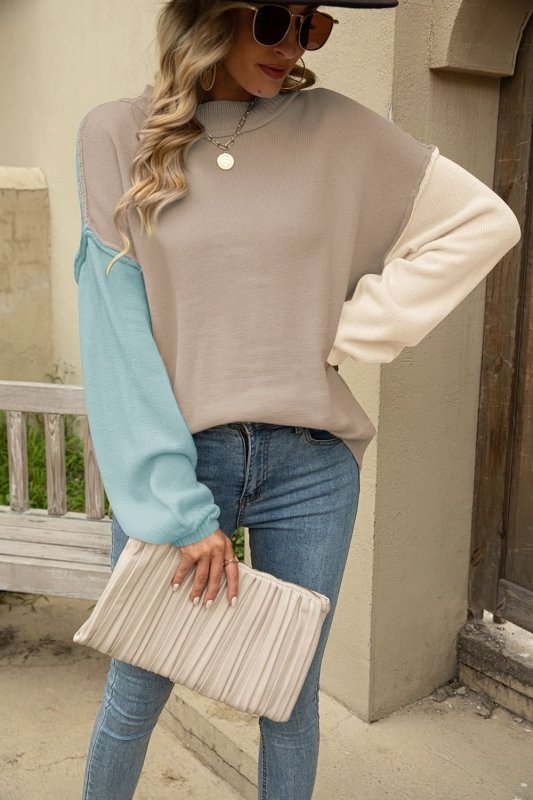 Angel Wings Color Block Round Neck Dropped Shoulder Sweater - ShalayeFashion