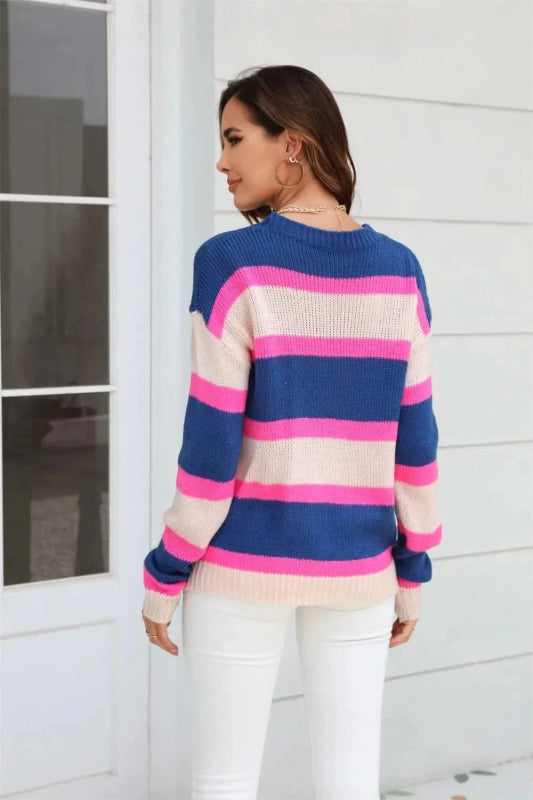 Angel Wings Color Block Round Neck Dropped Shoulder Sweater - ShalayeFashion