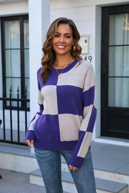 Angel Wings Color Block Round Neck Dropped Shoulder Sweater - ShalayeFashion