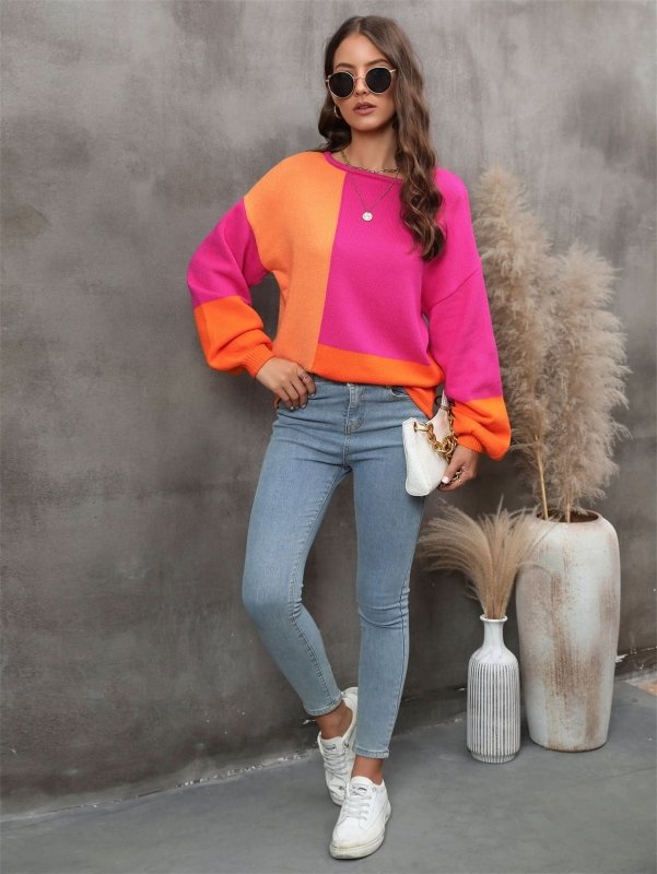 Angel Wings Color Block Round Neck Dropped Shoulder Sweater - ShalayeFashion