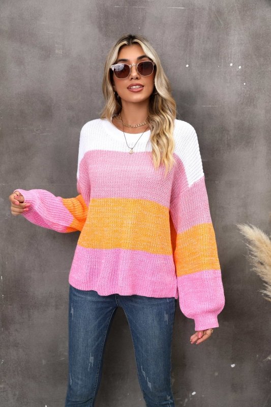 Angel Wings Color Block Round Neck Dropped Shoulder Sweater - ShalayeFashion