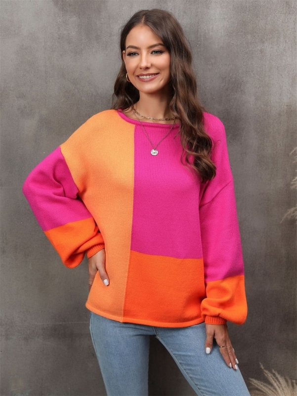 Angel Wings Color Block Round Neck Dropped Shoulder Sweater - ShalayeFashion