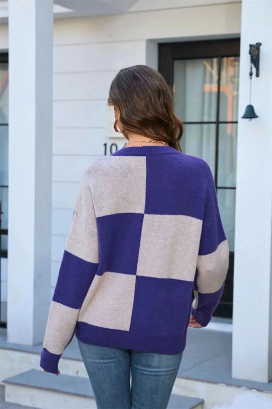 Angel Wings Color Block Round Neck Dropped Shoulder Sweater - ShalayeFashion