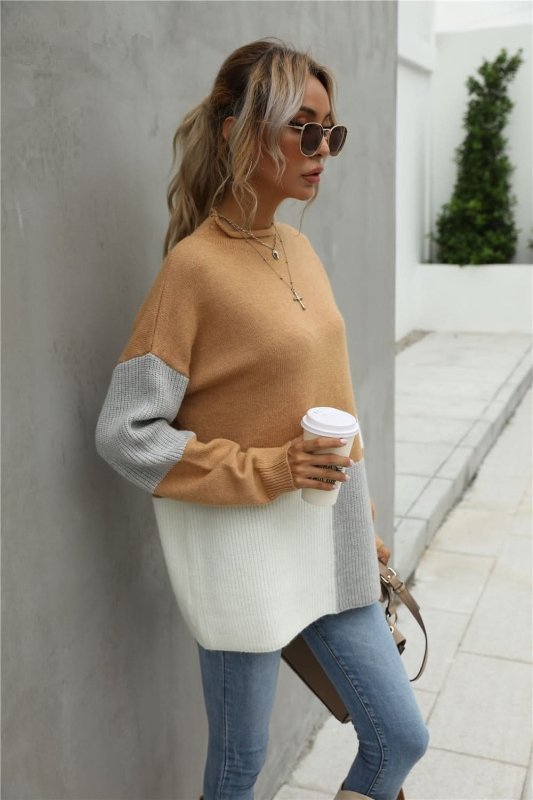 Angel Wings Color Block Round Neck Dropped Shoulder Sweater - ShalayeFashion