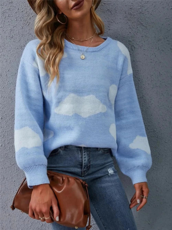 Angel Wings Color Block Round Neck Dropped Shoulder Sweater - ShalayeFashion