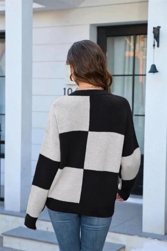 Angel Wings Color Block Round Neck Dropped Shoulder Sweater - ShalayeFashion