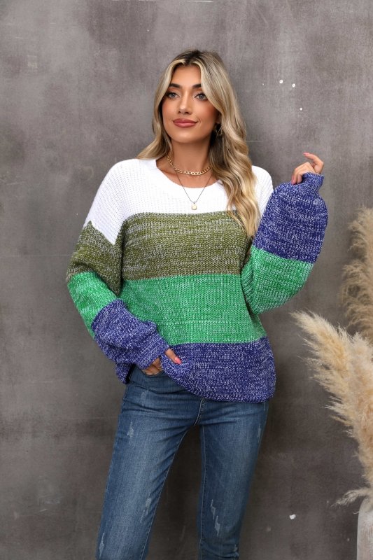 Angel Wings Color Block Round Neck Dropped Shoulder Sweater - ShalayeFashion