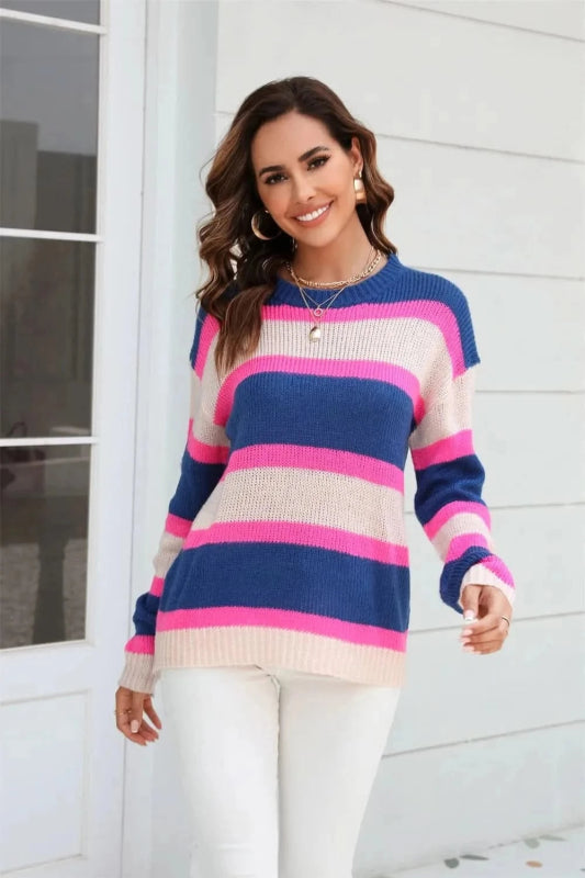 Angel Wings Color Block Round Neck Dropped Shoulder Sweater - ShalayeFashion