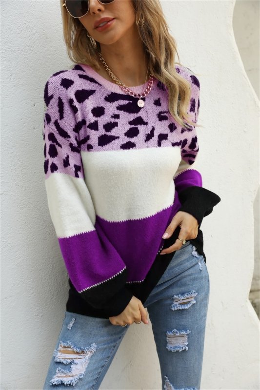 Angel Wings Color Block Round Neck Lantern Sleeve Sweater - ShalayeFashion