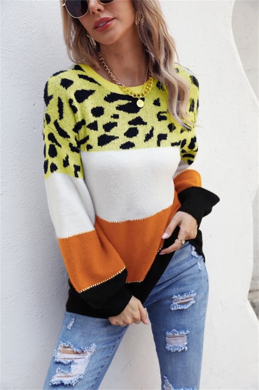 Angel Wings Color Block Round Neck Lantern Sleeve Sweater - ShalayeFashion