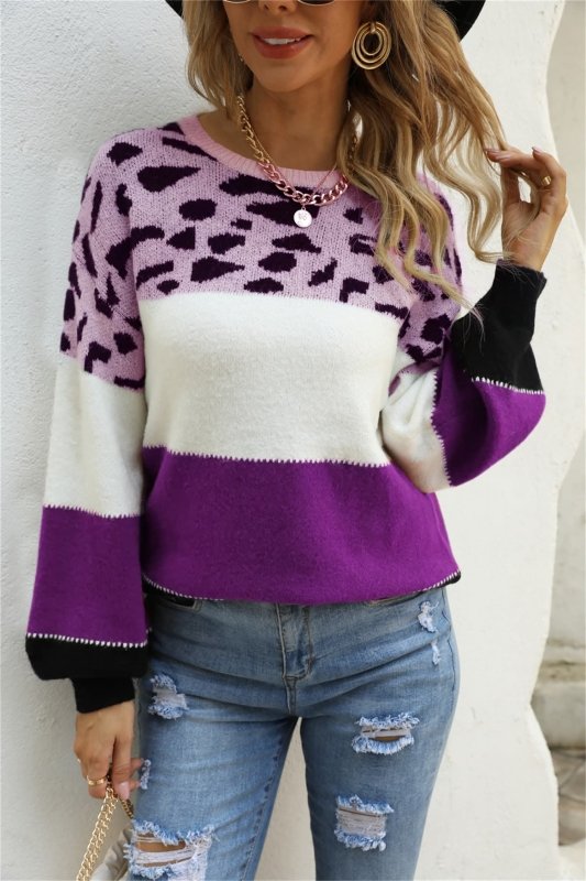 Angel Wings Color Block Round Neck Lantern Sleeve Sweater - ShalayeFashion