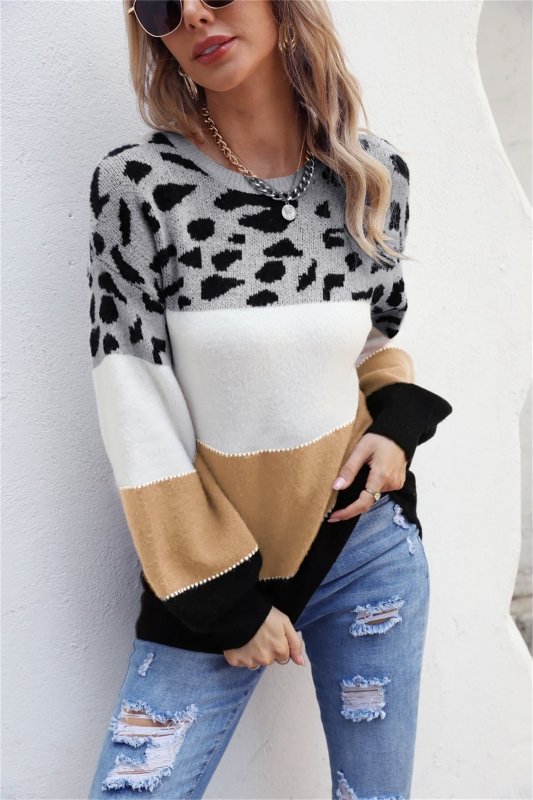 Angel Wings Color Block Round Neck Lantern Sleeve Sweater - ShalayeFashion