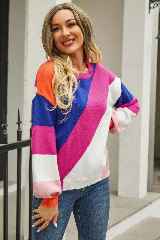 Angel Wings Color Block Round Neck Long Sleeve Sweater - ShalayeFashion