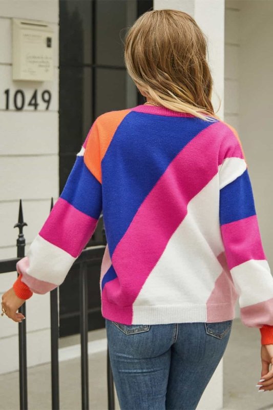 Angel Wings Color Block Round Neck Long Sleeve Sweater - ShalayeFashion