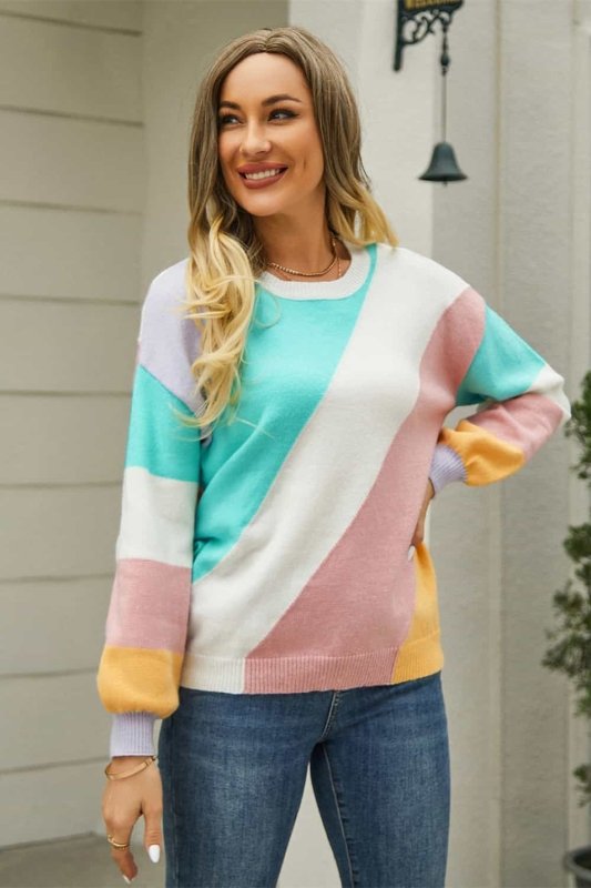 Angel Wings Color Block Round Neck Long Sleeve Sweater - ShalayeFashion