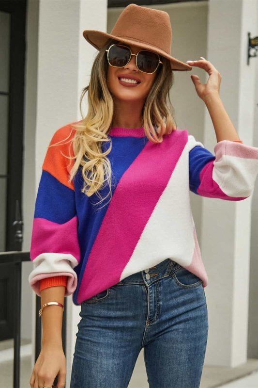 Angel Wings Color Block Round Neck Long Sleeve Sweater - ShalayeFashion