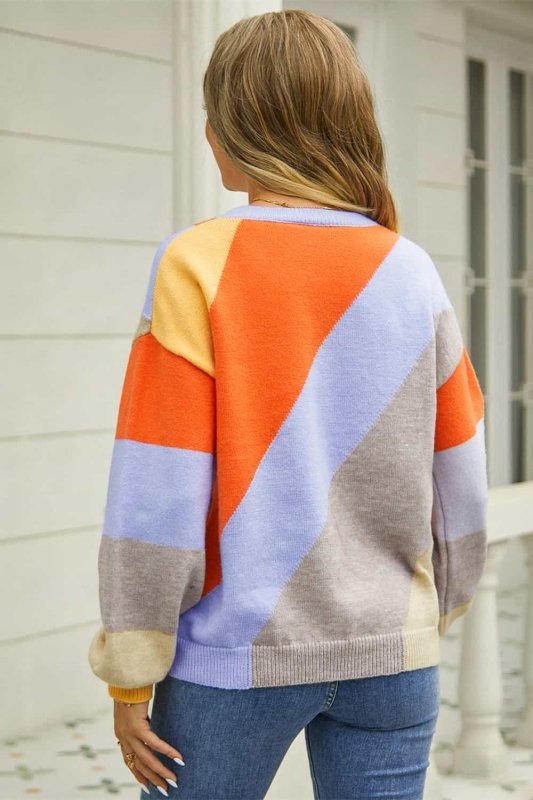 Angel Wings Color Block Round Neck Long Sleeve Sweater - ShalayeFashion
