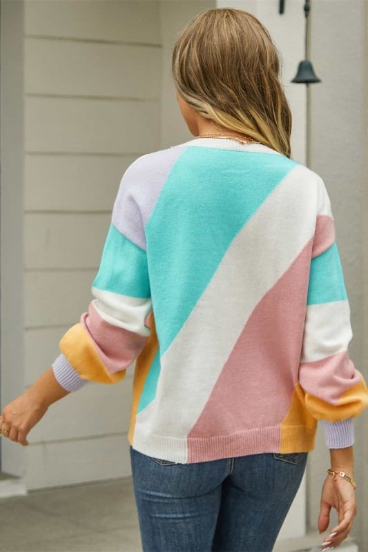 Angel Wings Color Block Round Neck Long Sleeve Sweater - ShalayeFashion
