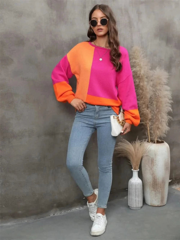 Angel Wings Color Block Round Neck Sweater - ShalayeFashion