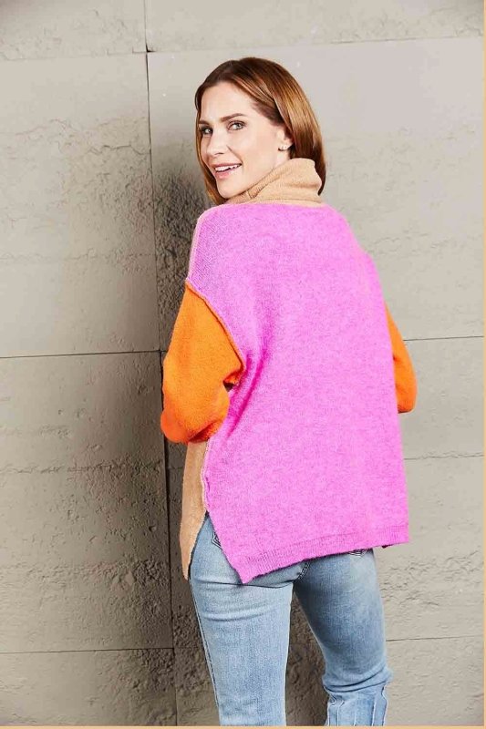 Angel Wings Color Block Turtleneck Slit Sweater - ShalayeFashion