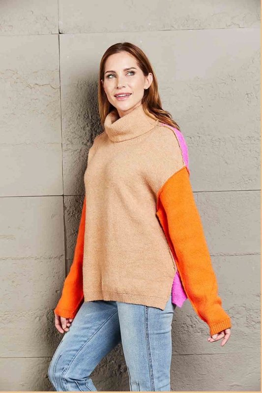 Angel Wings Color Block Turtleneck Slit Sweater - ShalayeFashion