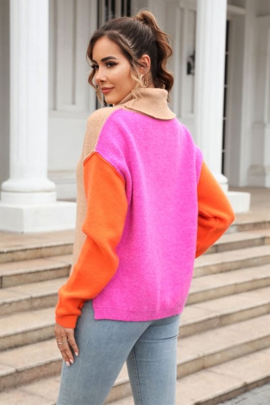 Angel Wings Color Block Turtleneck Slit Sweater - ShalayeFashion