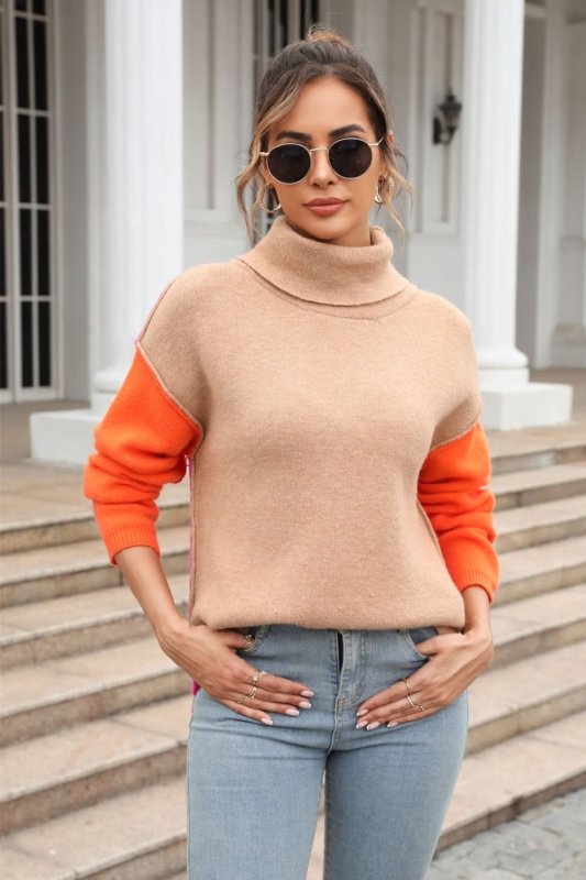Angel Wings Color Block Turtleneck Slit Sweater - ShalayeFashion