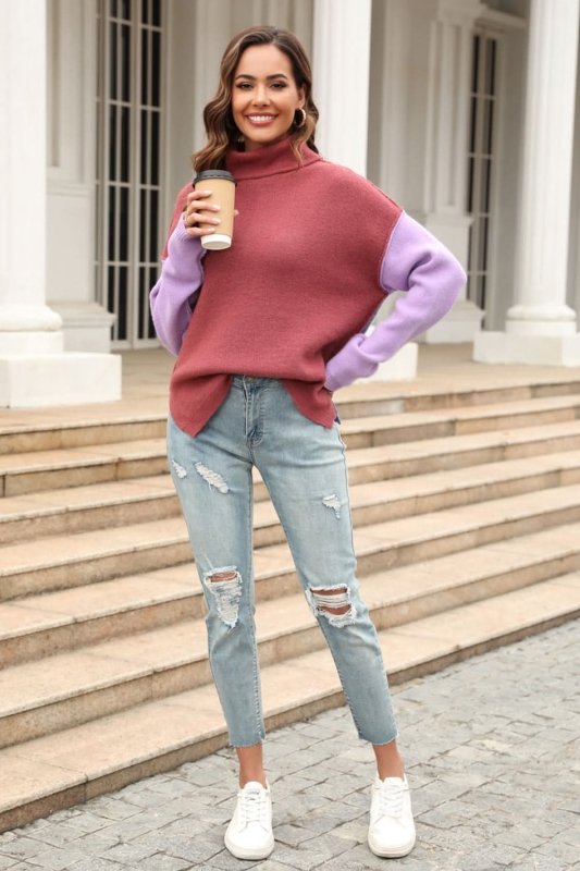 Angel Wings Color Block Turtleneck Slit Sweater - ShalayeFashion