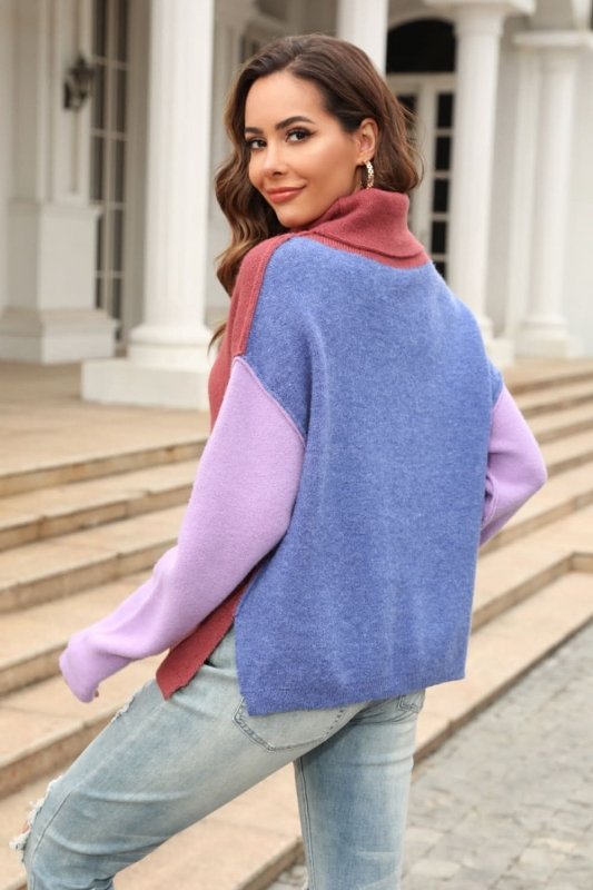 Angel Wings Color Block Turtleneck Slit Sweater - ShalayeFashion
