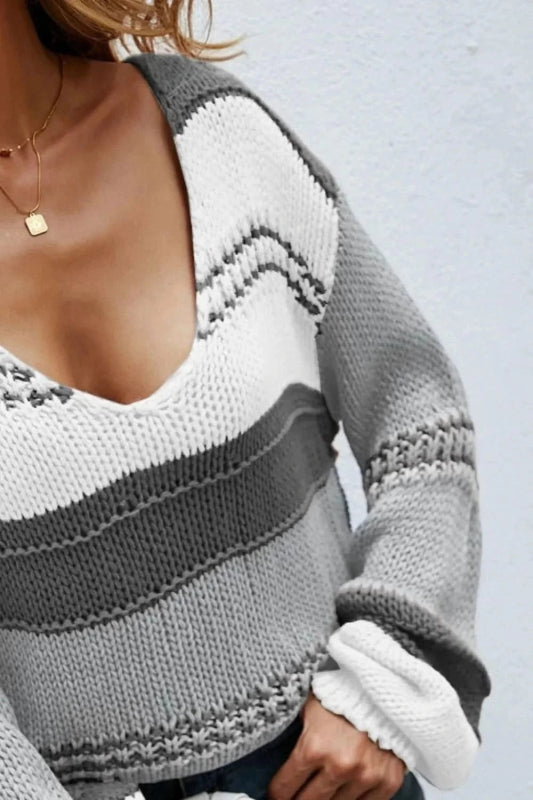 Angel Wings Color Block V - Neck Dropped Shoulder Sweater - ShalayeFashion